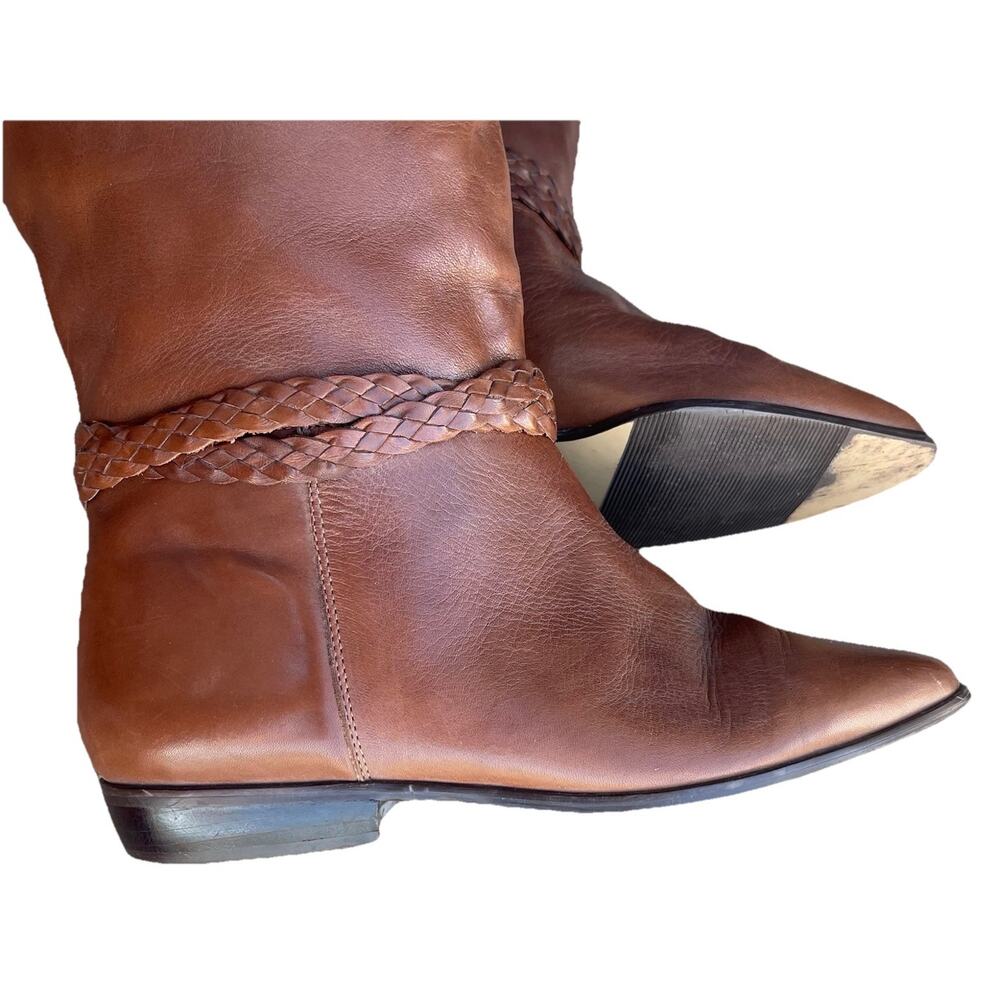 VTG Brown Leather Boots Scruples Knee High Boots Cognac Braided Straps 7.5 B‎